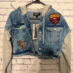 Thrill Blue Denim Jacket with Gray Sleeves and Patches